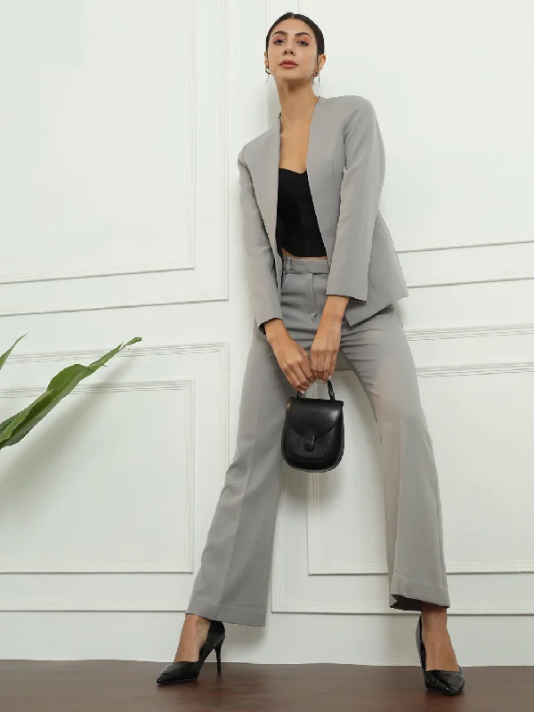 Lapel less Stretch Pant Suit- Grey Soft Stretch Trousers