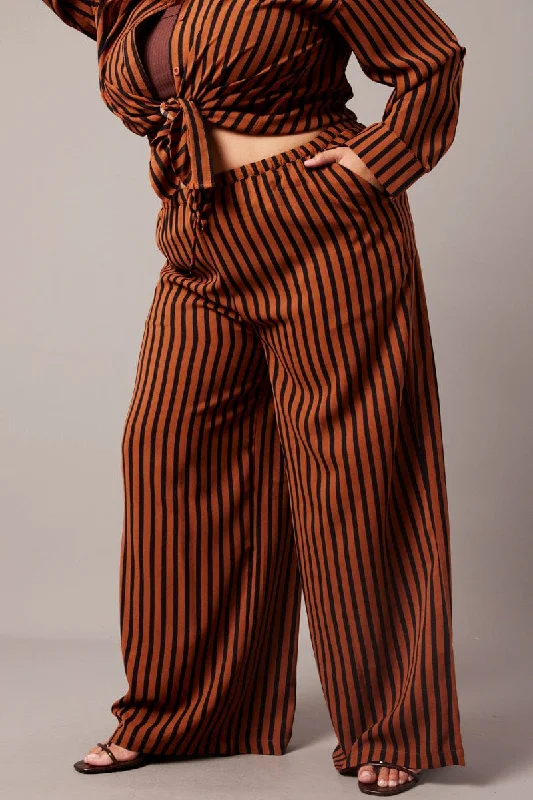 Brown Stripe Wide Leg Pants High Rise Relaxed Casual Leggings