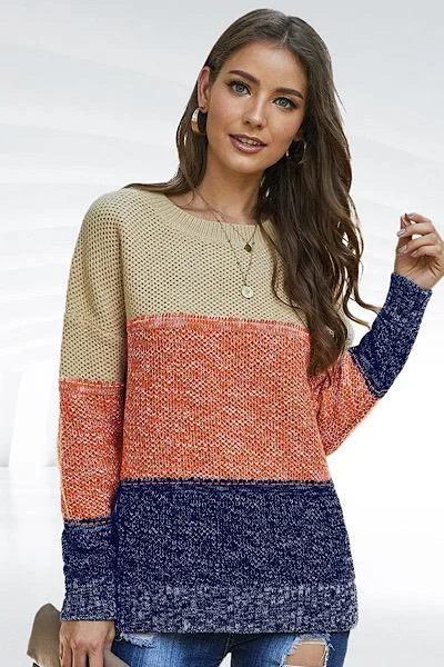 Fall Color Block Sweater - Blue Chenille Brocade Lace