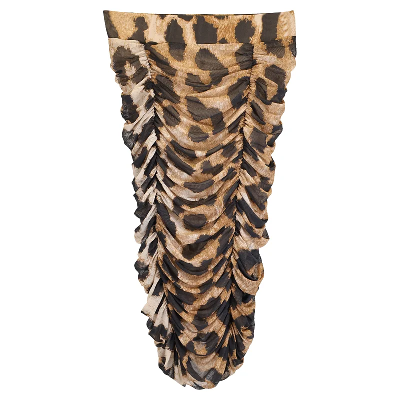 Ganni Ruched Leopard Print Midi Mesh Skirt in Brown Polyester denim skirt fashionable Ganni Ruched Leopard Print Midi Mesh Skirt in Brown Polyester denim skirt fashionable