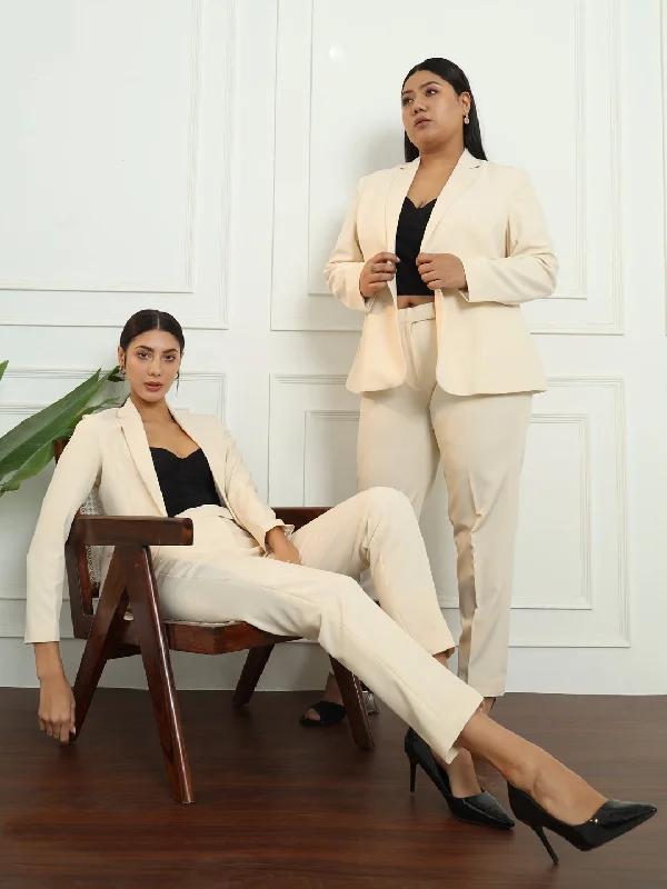 Regular Fit Notched Collar Stretch Pant Suit  - Off White Classic Straight Pants