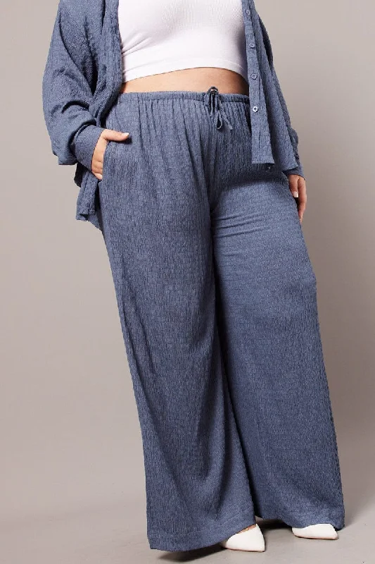 Blue Wide Leg Pants High Rise Textured Fabric Fashionable Jogger Pants