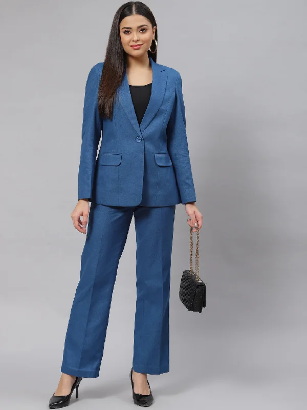 Warm Tweed Pantsuit - Teal Blue Casual Drawstring Pants