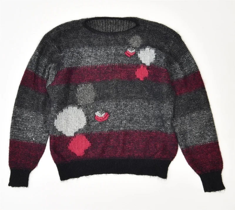 VINTAGE Womens Crew Neck Jumper Sweater UK 14 Large Multicoloured Striped Transparent Opaque Sheer