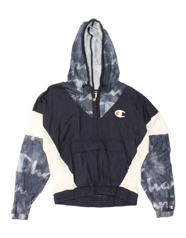 CHAMPION Womens Hooded Anorak Jacket UK 14 Medium Navy Blue Nylon Faux Fur Fabric Real Fur Fabric Shearling Fabric CHAMPION Womens Hooded Anorak Jacket UK 14 Medium Navy Blue Nylon Faux Fur Fabric Real Fur Fabric Shearling Fabric