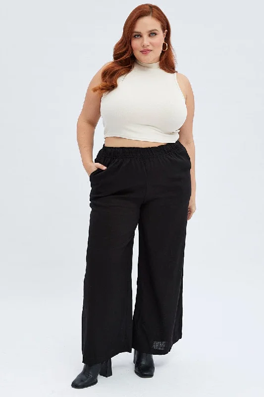 Black Wide Leg Pants Elastic Waist Trendy Printed Pants