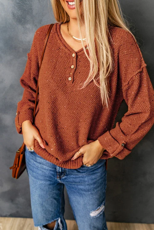 Henley Rainbow Speckled Sweater - Rust Notch Collar Peter Pan Collar Cowl Neck