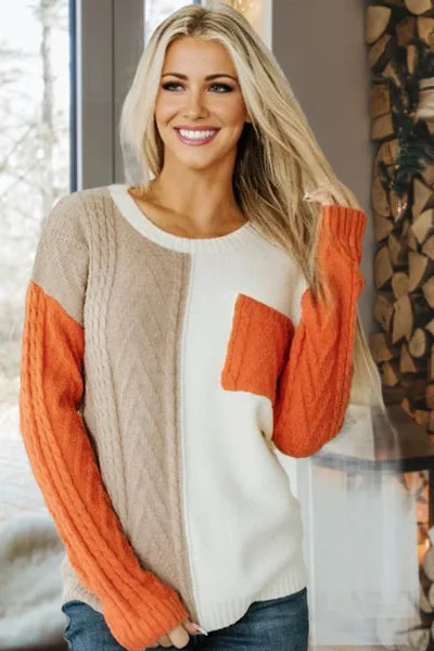 Cable Knit Color Block Sweater - Rust Iron Safe Non-Iron Wrinkle Free