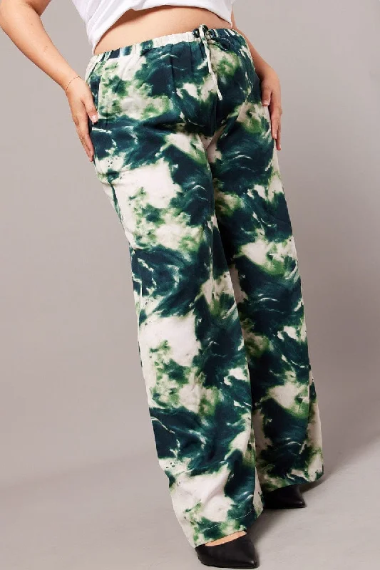 Green Abstract Wide Leg Pants High Rise Relaxed Fit Trousers