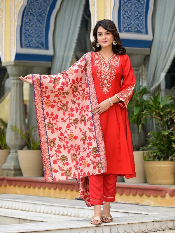 Red Floral Printed Viscose Kurta Pant And Dupatta Set With Gota Patti & Zari Work Comfortable Fleece Pants Red Floral Printed Viscose Kurta Pant And Dupatta Set With Gota Patti & Zari Work Comfortable Fleece Pants