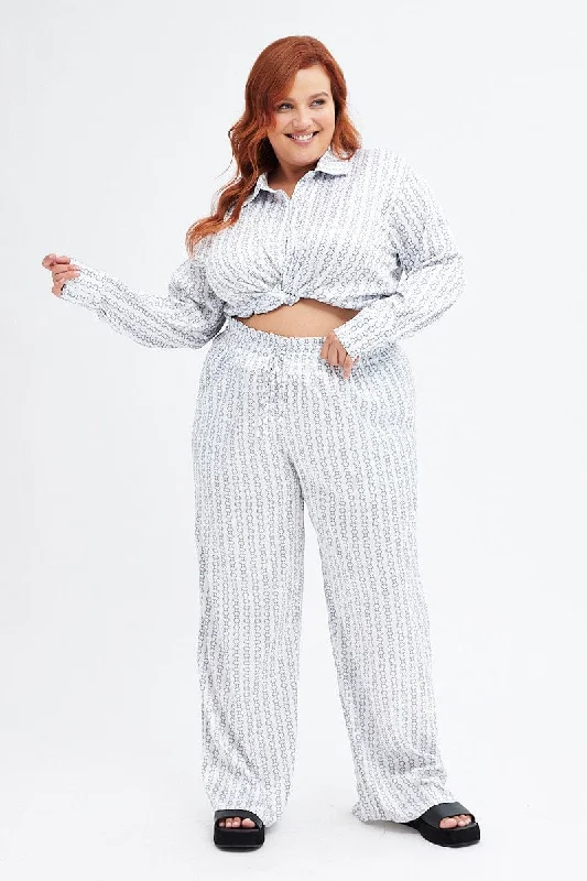 White Print Wide Leg Pants High Rise Satin Classic Flared Pants