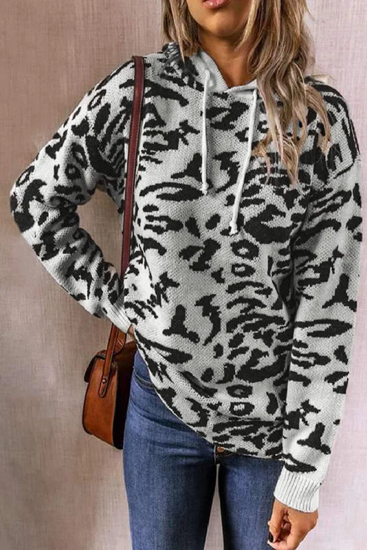Leopard Sweater Hoodie - Gray Fitted Loose Oversized