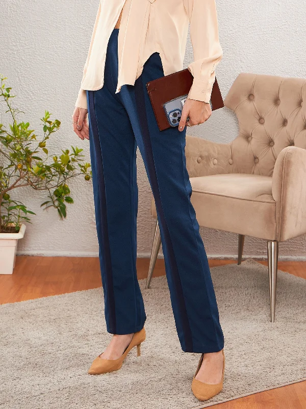 Women Blue Front Tape Bootleg Pants Classic Straight Pants