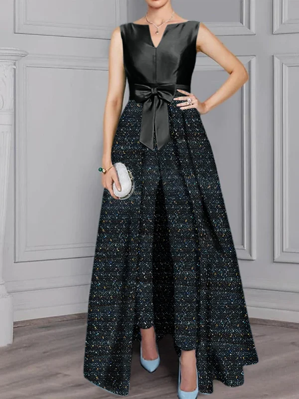 2 Pieces Scoop Long Sleeves Mother of the Bride Pantsuits with Sash ＆ Sequins Comfortable Fleece Pants