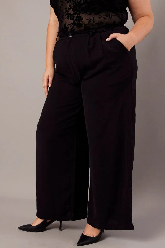 Black Wide Leg Pants High Waist Button Front Cozy Fitted Pants