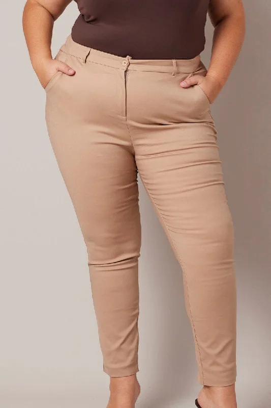 Brown Slim Pants Mid Rise Workwear Elegant High-Waist Pants