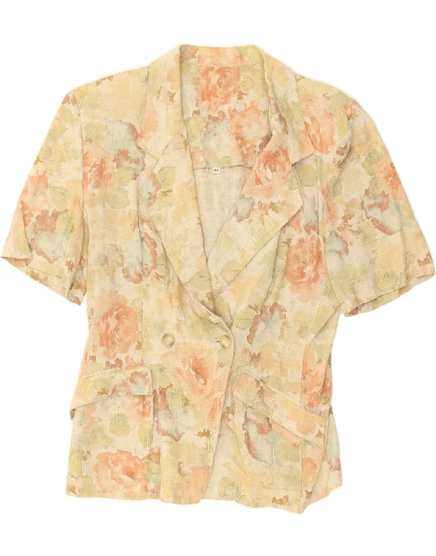 VINTAGE Womens Short Sleeve Blazer Jacket IT 44 Medium Beige Floral Fleece Fabric Down Fabric Feather Fabric VINTAGE Womens Short Sleeve Blazer Jacket IT 44 Medium Beige Floral Fleece Fabric Down Fabric Feather Fabric