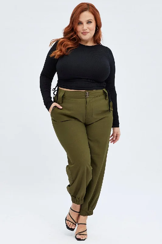Green Slim Pants Elastic Hem High Rise Elegant Trouser Pants