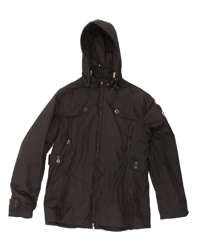 CHAMPION Womens Hooded Windbreaker Jacket UK 12 Medium Black Polyester Zippered Front Buttoned Front Snap Front CHAMPION Womens Hooded Windbreaker Jacket UK 12 Medium Black Polyester Zippered Front Buttoned Front Snap Front