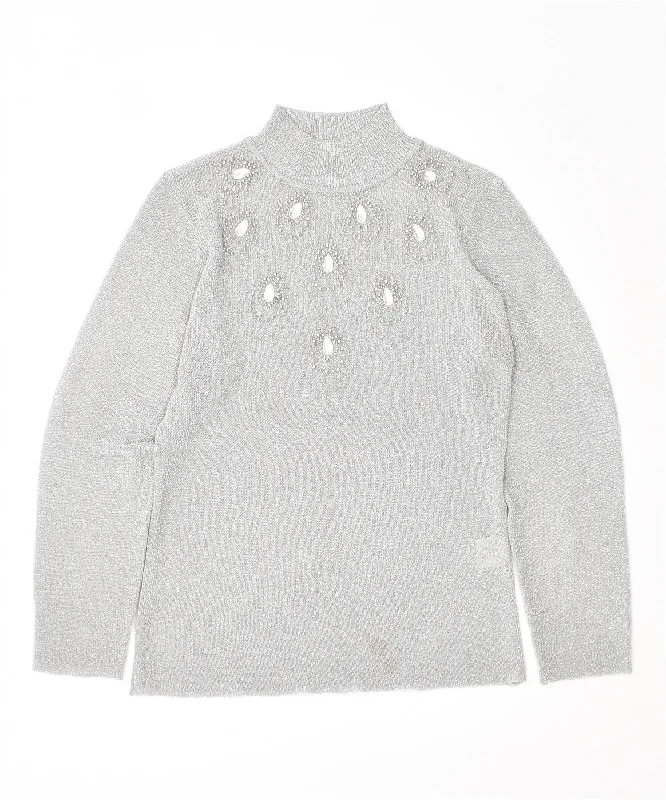 DONNA BELLA Womens Turtle Neck Jumper Sweater UK 12 Medium Silver Welt Pockets Slit Pockets Flap Pockets