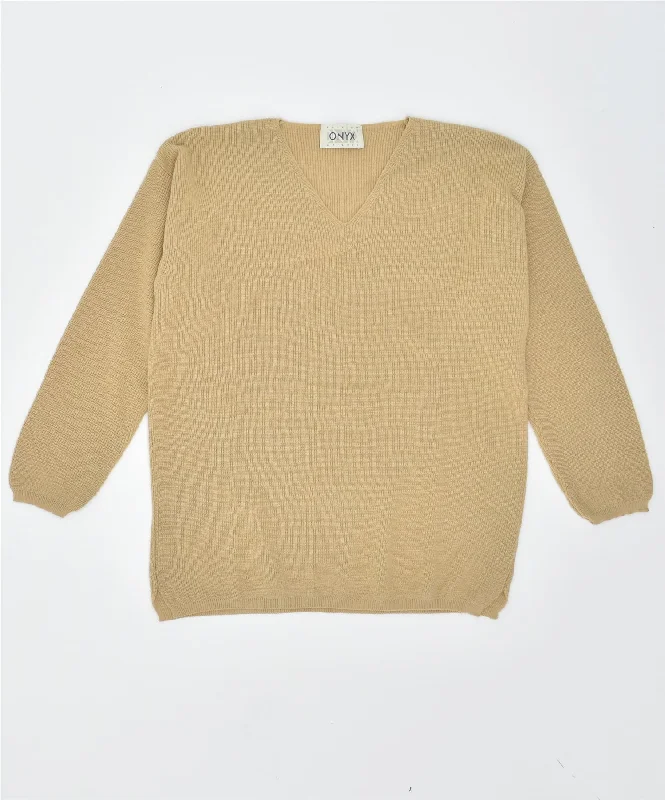 ONYX Womens V-Neck Jumper Sweater UK 20 XL Beige AcryLIc Ribbed Striped Patterned