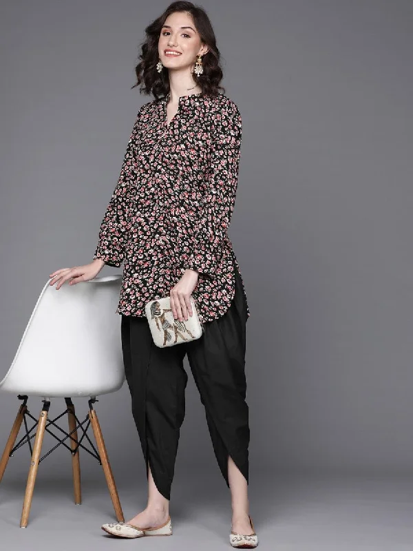 Women Black Floral Printed Kurta with Dhoti Pants Classic Bootcut Trousers