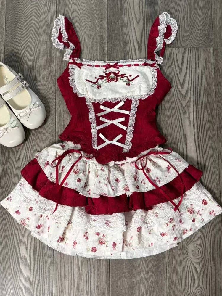 Advbridge France Vintage Slim Square Neck Print 2 Piece Set Women Sweet Cute Lace Bow Patchwork Tops Female + High Waist Short Skirt 2024 silk skirt lustrous Advbridge France Vintage Slim Square Neck Print 2 Piece Set Women Sweet Cute Lace Bow Patchwork Tops Female + High Waist Short Skirt 2024 silk skirt lustrous