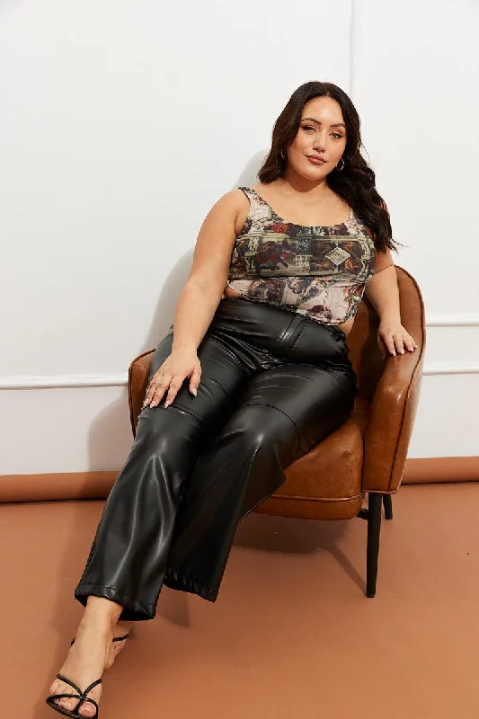 Black Faux Leather Pants High Button Waist Wide Leg Elegant Dress Pants