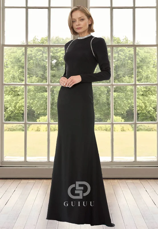 Black Scoop Long Sleeves Floor-Length Beads Satin Mother of the Bride Dress sweetheart Neckline Romantic Black Scoop Long Sleeves Floor-Length Beads Satin Mother of the Bride Dress sweetheart Neckline Romantic