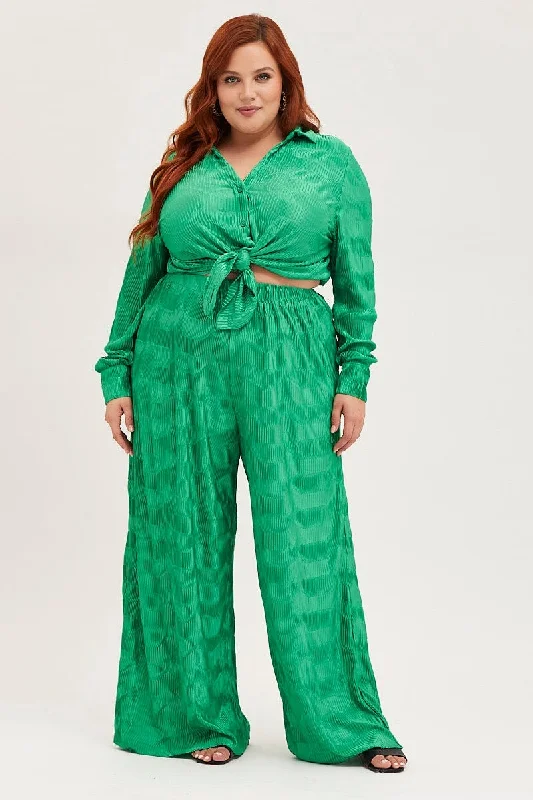 Green Plisse Pants Wide Leg High Rise Modern Skinny Pants