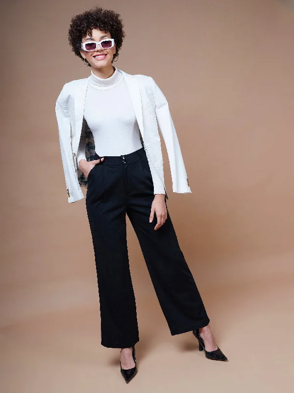 Women Black Pleated Straight Stretchable Pants Comfortable Cargo Pants