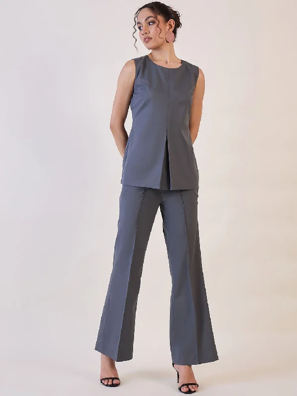 Grey Round Neck Top with Pin tuck Pants Chic Wool Trousers
