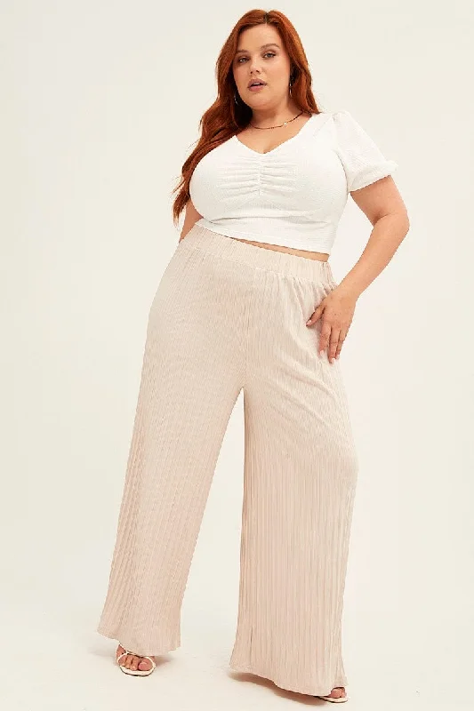 Beige Wide Leg Pants High Rise Casual Sweatpants Style