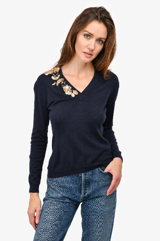 Christian Dior Navy Cashmere Sequin Floral Embroidered Sweater Size 6 US Thin Thick Dense