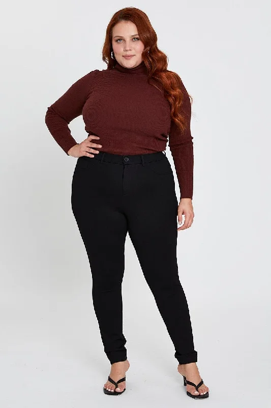 Black Pants Mid Rise Ponte Button Front Elegant Trouser Pants