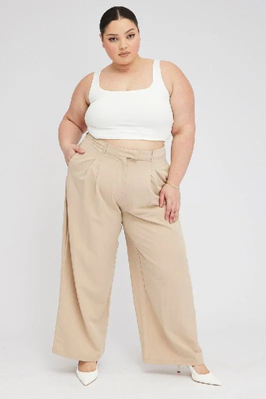 Beige Wide Leg Pants Tailored Casual Sweatpants Style