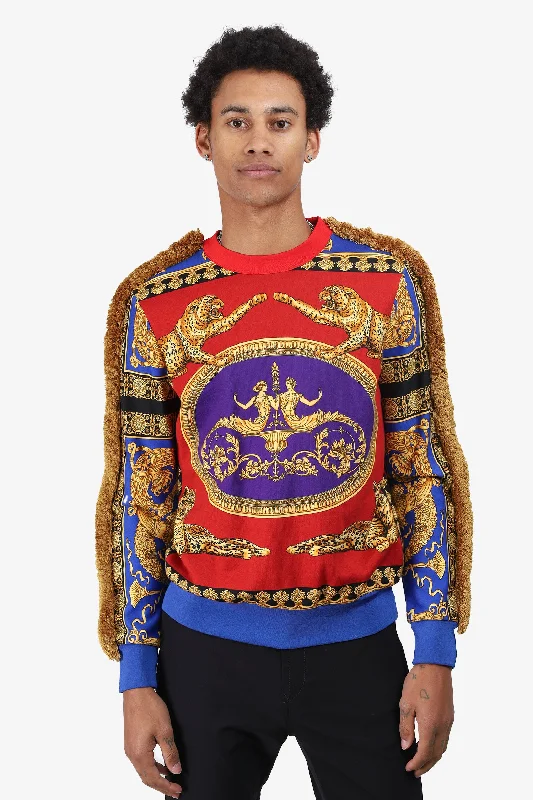 Versace Red Multicolour Fringe-Trim Crewneck Sweater Size 44 Mens Fitted Slim Tailored