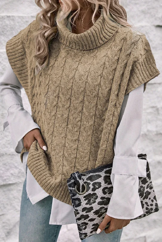 Short Sleeve Turtleneck Sweater - Taupe Satin Blend Silk Blend Wool Blend