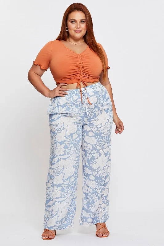 Floral Print Wide Leg Pants High Waist Relaxed Linen Pants