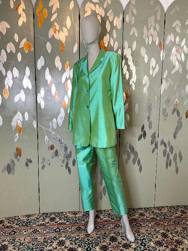 Vintage 1990s Green Silk Pant Suit, Dana Buchman, Large High-Waist Trousers