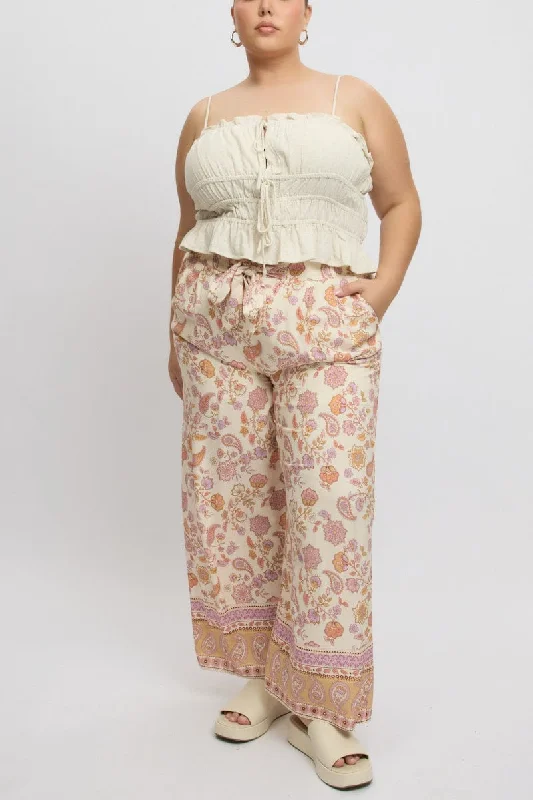 Beige Boho Tie Front Pants Trendy Printed Leggings