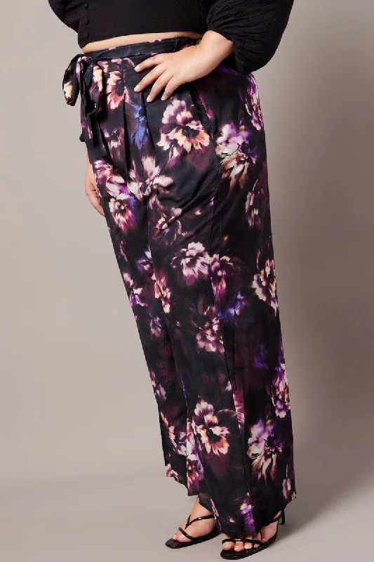 Black Floral Wide Leg Pants Belted Chic Checkered Pants