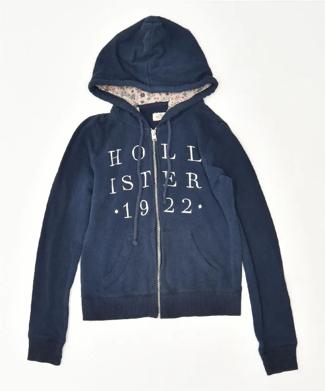 HOLLISTER Womens Graphic Zip Hoodie Sweater UK 6 XS Blue Graphic Sweater Embroidered Appliqued