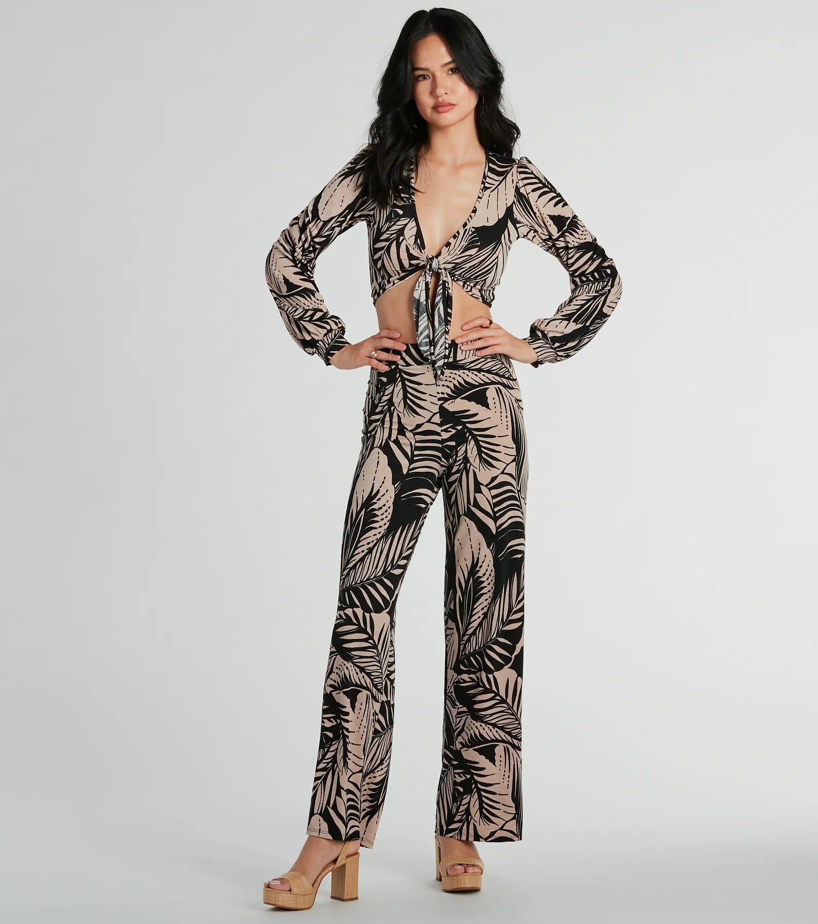 Tropical Day Dream High-Rise Wide Leg Pants Chic Faux Leather Pants