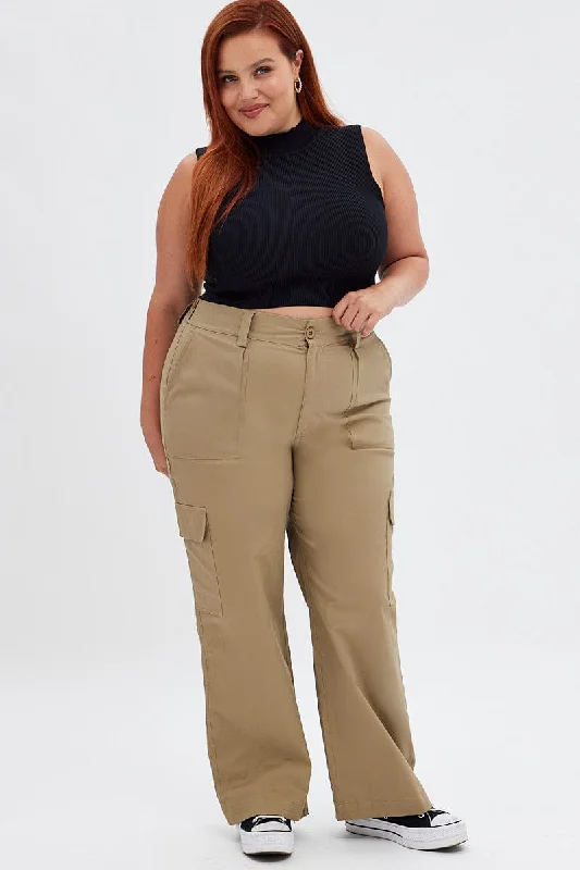 Beige Mid Rise Wide Leg Cargo Pants Casual Yoga Pants