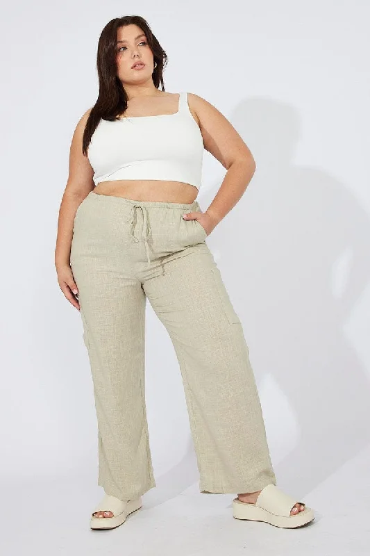 Green Wide Leg Pants Mid Rise Linen Blend Comfy Athletic Pants