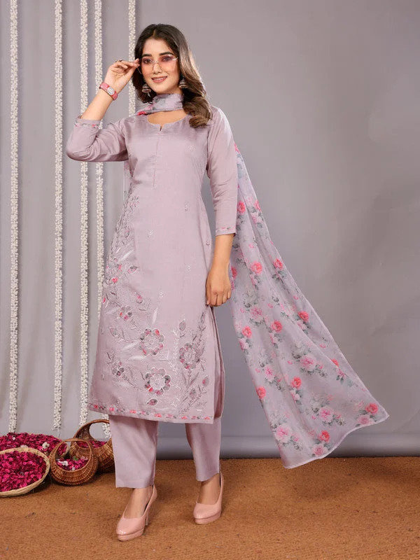 Women's Embroidered Straight Kurta Pant With Dupatta Elegant Silk Pants