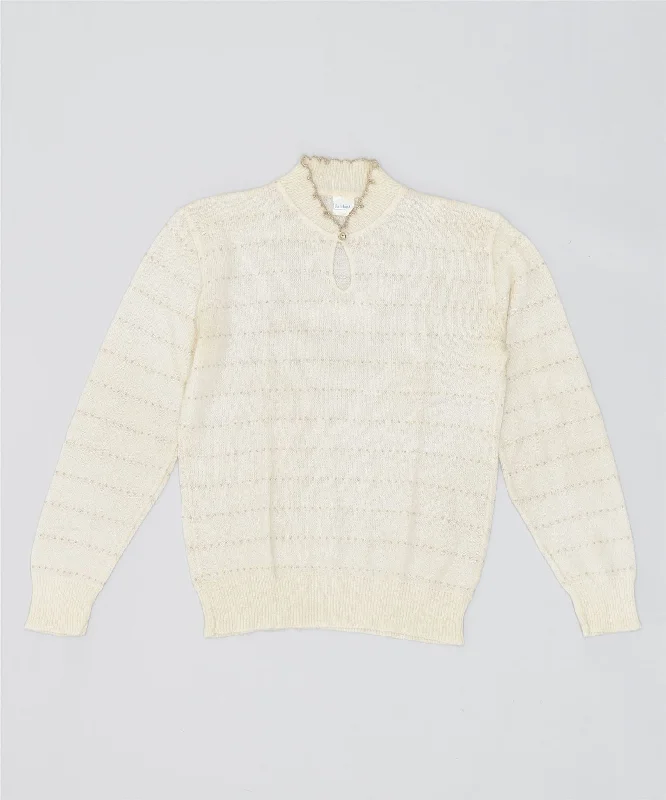 FALKLAND Womens Turtle Neck Jumper Sweater UK 14 Medium Off White Vintage Cotton Fabric Linen Fabric Terry Fabric
