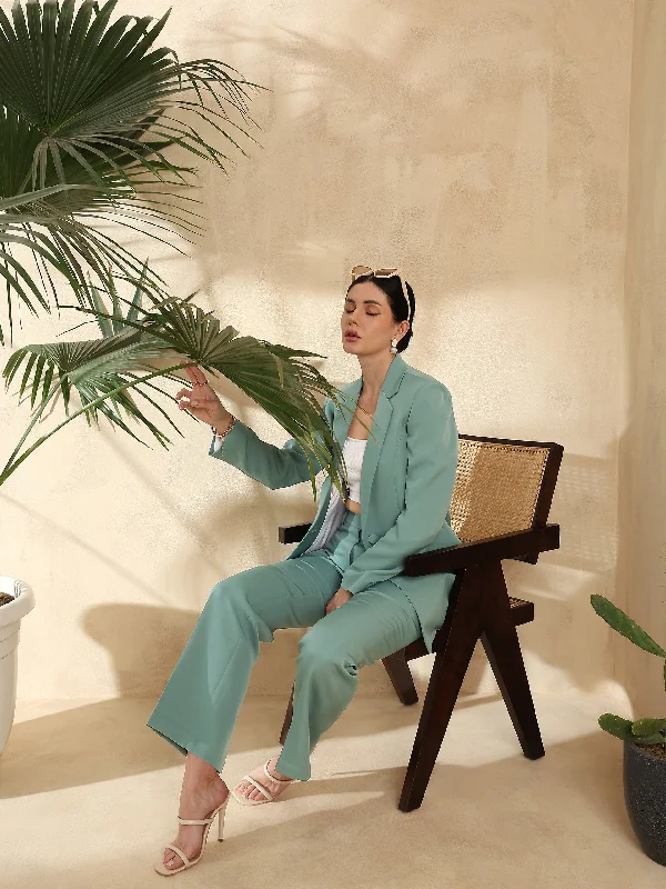 Notch Collar Stretch Pant Suit- Sage Green Elegant High-Waist Pants
