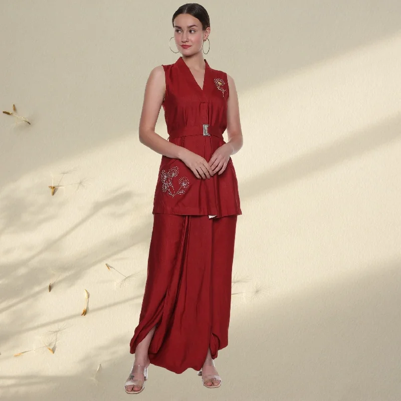 Erika Tussar Floral Dhoti Co-ord Set | Dhoti Pants | Belted Top Hand-Embroidered | Maroon Relaxed Lounge Trousers Erika Tussar Floral Dhoti Co-ord Set | Dhoti Pants | Belted Top Hand-Embroidered | Maroon Relaxed Lounge Trousers